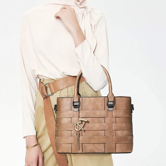 PU Leather Weave Brown Shoulder Bag for Women Elegant Top Handle Designer Purse - Picture 2 of 7